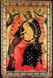 Madonna und Kind auf dem Thron mit zwei frommen Menschen